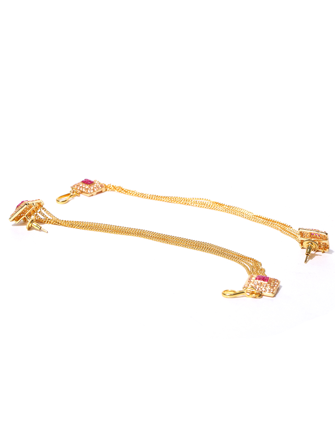 YouBella Gold-Toned  Pink Square Studs with Ear Chains